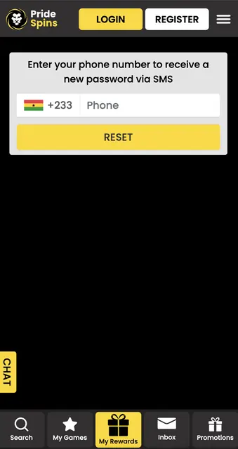 PrideSpins password-reset screen: enter phone number to receive a new password